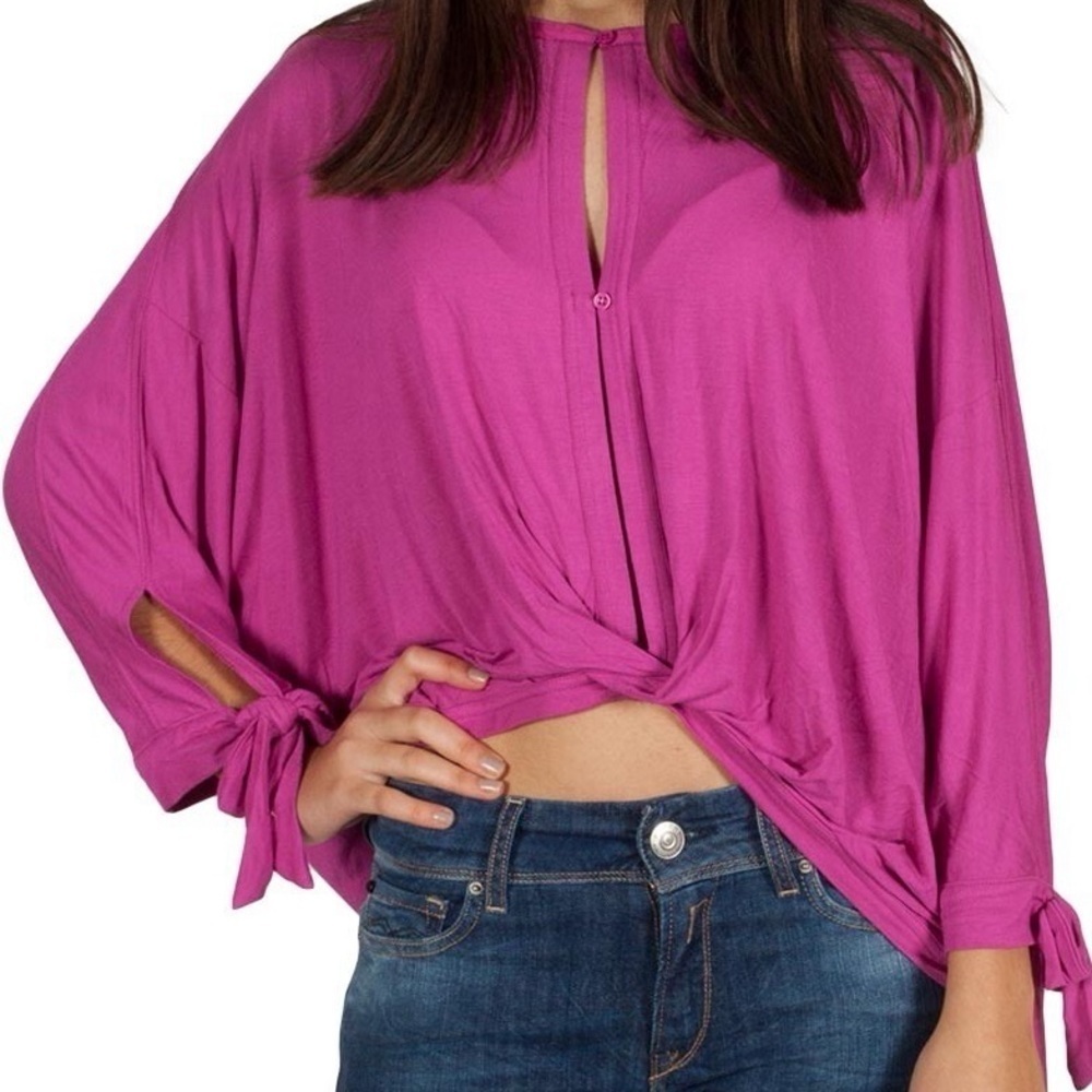Free People Keeping On Cut Out Front Tie Sleeve Oversized Top Pink Size Medium